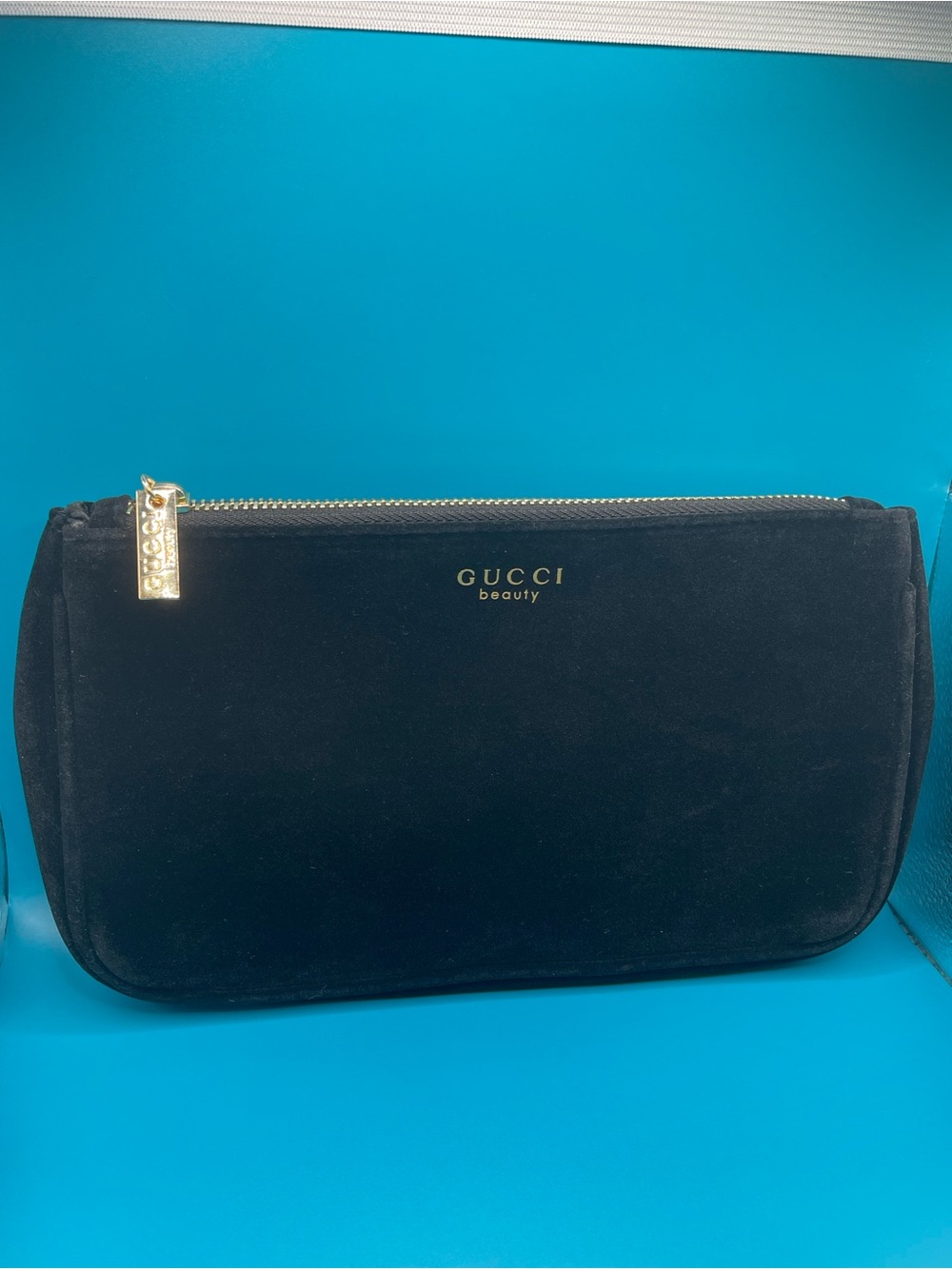 Authentic Velvet Gucci Black Cosmetic Pouch with Gold Zipper